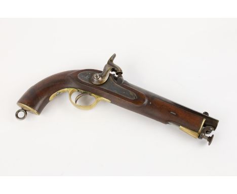 A good .65" East India Government percussion holster pistol, blued barrel 8" with front and rear sights, the breech with ordn