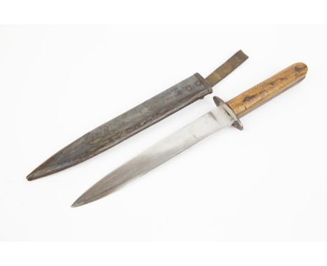 A WWI Italian Army fighting knife, Single edged blade 8½", wooden grips, in its steel scabbard with leather belt loop. GC £50
