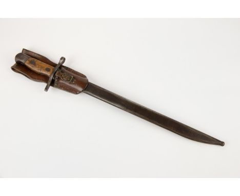 A late pattern Japanese Type 30 Arisaka bayonet with straight quillon, in its steel scabbard with leather frog. Generally cle