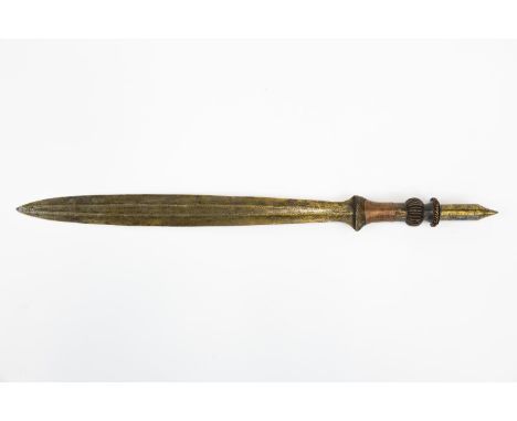 An African sword of the Yaka tribe, leaf shaped blade 18½" with simple punched decoration, the hilt with wire bound grip and 