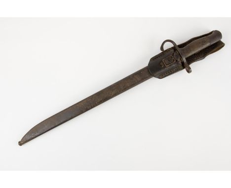 A Japanese Type 30 Arisaka bayonet with curved quillon, in its steel scabbard with leather frog. GC (some service wear, scabb