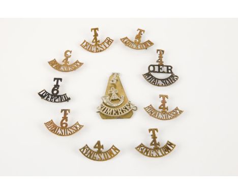 10 Territorial shoulder titles, mostly brass: T/4/QER/ROYAL SCOTS (black), T/4 and T/5/KINGS OWN, 4/KINGS OWN, T/6/LIVERPOOL 