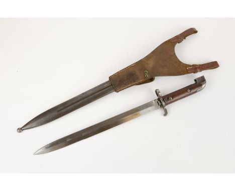 A Swedish M1914 bayonet for the 6.5mm Mauser carbine, in its steel scabbard with leather frog dated 1939. GC £60-80 