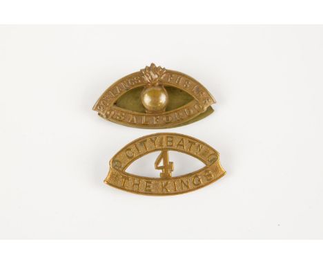 Two "Kitchener's Army" brass shoulder titles: 20th (Salford) Battalion Lancashire Fusiliers, and 4th (City Batn) The King's L
