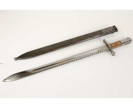 A Swiss M1906 Schmidt Rubin bayonet, with 19" saw back blade, in its steel scabbard. GC £50-80 