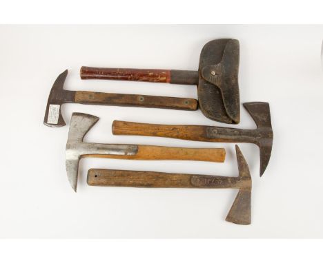 A WWII ARP fire axe, date stamped 1939, with its belt pouch; 4 other similar fireman axes, GC (5) £70-75 