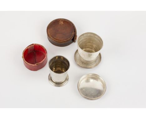 A WWI officer's 7 section plated telescopic campaign beaker, height 2¾", with integral saucer base and detachable lid when cl