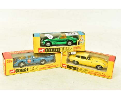 THREE BOXED CORGI TOYS MODEL VEHICLES, to include a Chevrolet Corvette Stingray Coupe, no.300, a green chrome finish, box win