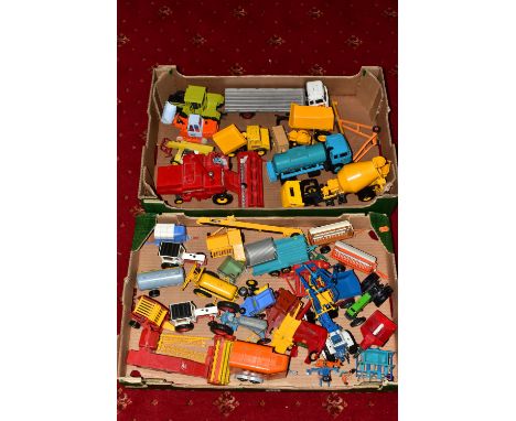 TWO TRAYS OF UNBOXED PLAYWORN DIE-CAST AND PLASTIC AGRICULTURAL AND BUILDING SITE MODELS, to include a Britains Ltd Massey Fe