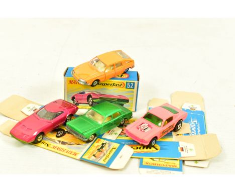 FOUR BOXED MATCHBOX SUPERFAST MODELS, comprising of a Dodge Charger MKIII, no. 52, dark pink painted and green base, a BMC 18