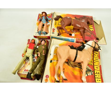 BOXED MARX TOYS COWBOY KID AND CHEROKEE INDIAN FIGURES,  with two boxed horses 'Flame' and 'Thunderbolt', all in playworn con
