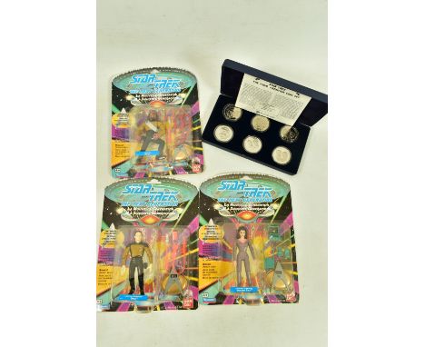 THREE BOXED AND SEALED BANDAI STAR TREK THE NEXT GENERATION FIGURES, the first a Lieutenant Commander Deanna Troi (asst. 6010