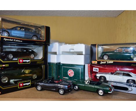 SEVEN BOXED ASSORTED MODERN DIECAST BRITISH CAR MODELS, all 1:18 scale Bburago 1937 Jaguar SS100, 1961 Jaguar E Type Coupe, M