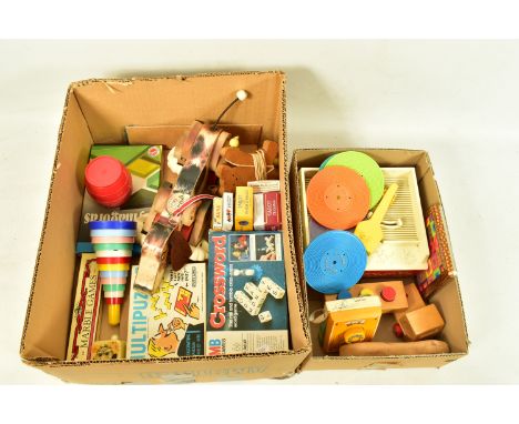 TWO BOXES OF VINTAGE CHILDRENS TOYS AND BOARD GAMES, to include a Fisher-Price music box - record player, with five discs, a 