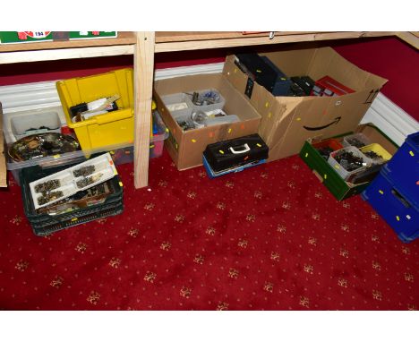 A VERY LARGE QUANTITY OF MODEL RAILWAY LOCOMOTIVE SPARE PARTS, ACCESSORIES AND TOOLS ETC., assorted wheels, motors, chassis, 