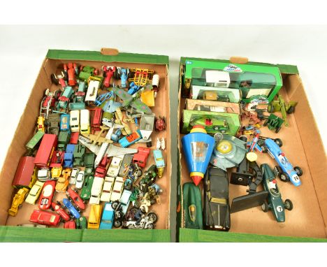 A QUANTITY OF UNBOXED AND ASSORTED PLAYWORN DIECAST AND PLASTIC VEHICLES, to include Matchbox Jaguar D Type, No.41, version w