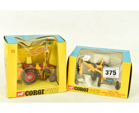 TWO BOXED CORGI TOYS AGRICUTURAL MODEL VEHICLES, firstly a Massey-Ferguson '165' Tractor with Saw Attachment, no. 73, all pre