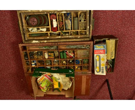 A LARGE COLLECTION ON VINTAGE MECCANO AND BUILD TOOLS, many fitted into two large lidded wooden boxes, pieces rusted and worn