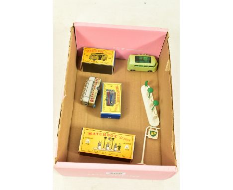 THREE BOXED MATCHBOX MODELS, comprising of a B-P Garage Pumps and Signs, no. A-1, green figure and lampposts, white pumps wit