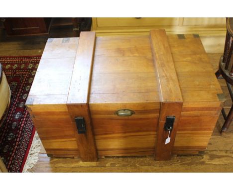 A vintage camphor wood chest or travel trunk with brass fittings and lift up lid, 46H x 90W x 60cmD