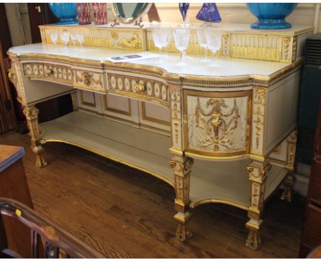 A Georgian mahogany sideboard with later hand-painted ivory and gilt effect, profuse carving to the top section depicting swa