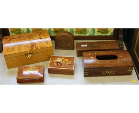 A collection of various wooden boxes, musical jewellery, cigarette dispenser, carved fish motiff, cribbage (6)