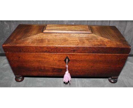 A George III mahogany sarcophagus tea caddy with carved lid, opening to twin compartments with lids and circular well on bun 