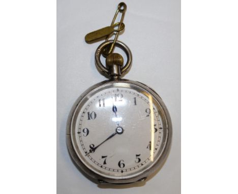 A lady's silver fob watch with white enamel dial and Arabic numerals 