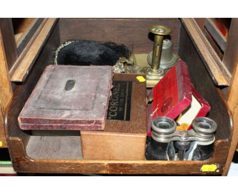 An eclectic range of antique household items to include a compass set, cigar box, opera glasses, etc 