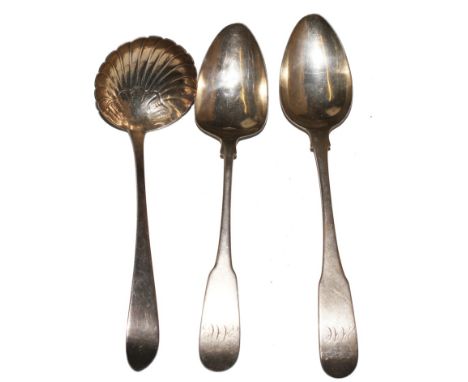 Three pieces of Dublin silver, a ladle and two dessert spoons