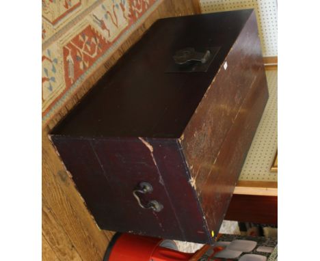 A late 19th century, early 20th century Oriental trunk or blanket chest with brass handles, fittings and lift-up lid, 106cm w