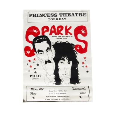 Sparks Gig Poster, Concert Poster for the gig at Torquay, 25th Nov 1974, with Pilot as support - measures 20"x 30" approximat