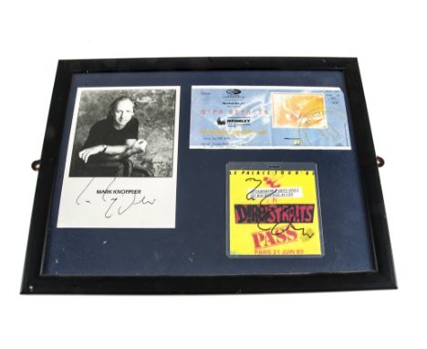 Mark Knopfler / Autograph, a Framed and Glazed presentation containing a Black and White photograph, a ticket for Dire Strait