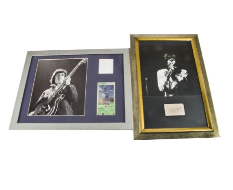 Rolling Stones / Autographs, a Black and white image of Mick Jagger presented with an autograph on a small piece of paper fra