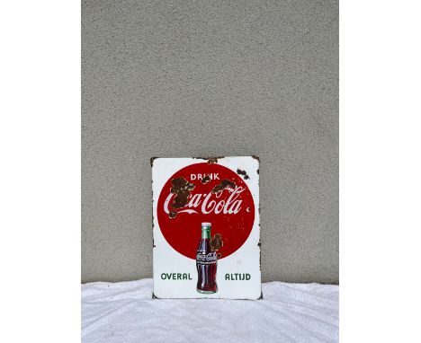 Vintage 1950s Dutch Coca-Cola enamel advertising sign, in fair condition. Produced by "Langcat Bussum". Condition: Fair. Loca
