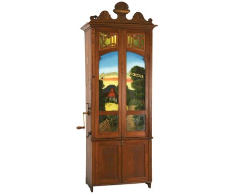 5¢ Continental Orchester German barrel organ housed in an upright wood cabinet ca. 1880's with a painted scene showing a hous