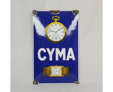 This curved CYMA enamel sign has 4 mounting holes and one smaller hole on center top edge. Average condition. Enamel missing 