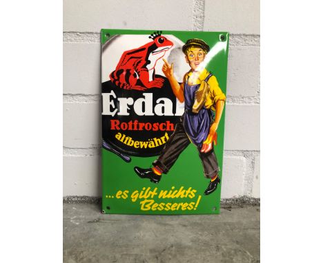 Enamel sign Erdal Rotfrosch shoe polish. Text translated from German - Erdal, Rotfrosch, well-tried, ... there is nothing bet