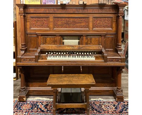 Aeolian Orchestrelle Style V in Circassian walnut case with matching bench. Overall good condition, the case is in superb ori