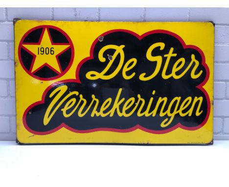 Dutch enamel sign from De Ster Verzekeringen, an insurance company. Background is yellow with the text De Ster Verzekeringen 