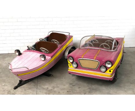 1962 Autopede carousel Dodge car &amp; 1966 Autopede Vedette carousel boat, sold as a set with total seats for 8 children. Th