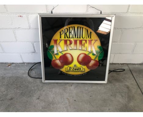 Light up Belgian bier advertising sign St. Louis Premium Kriek.    Height: 45 cm. Width: 44 cm. Depth: 7 cm. Condition: Good.