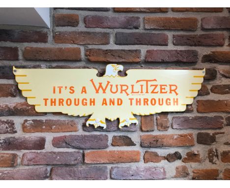 Wurlitzer eagle enamel sign with 4 mounting holes.    Height: 20,5 cm. Width: 61 cm. Depth: 0,2 cm. Condition: Very Good. Loc