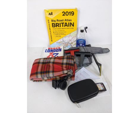 Car related items and accessories to include a windscreen cover a Tom Tom (plus paperwork) road atlas and other itemsLocation