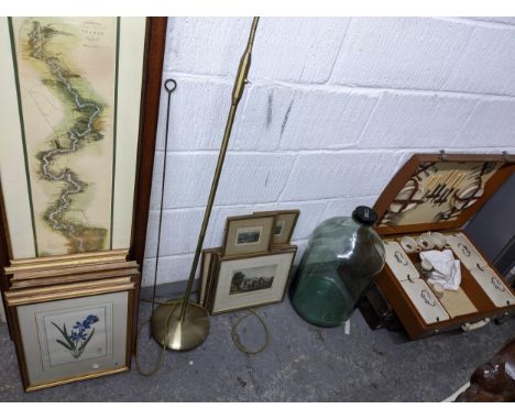 A mixed lot to include a cased Brexton picnic hamper, large glass money box jar, various prints to include Tombleson's Thames