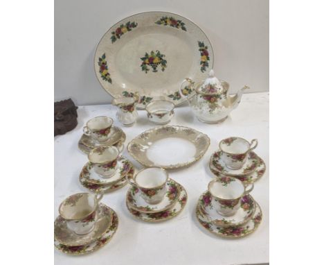 A Royal Albert Old Country Roses part tea service to include a tea pot, milk jug, sugar bowl, six saucers and tea cups, side 