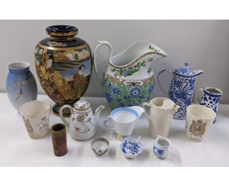 A mixed lot to include a 19th century Worcester jug, Bing & Grondahl Copenhagen vase, Satsuma vase, Spode wash jug and other 