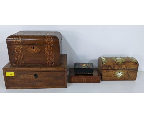 Five boxes to include a walnut tea caddy, a Russian painted box and othersLocation:If there is no condition report, please re