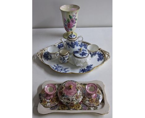 A Copeland blue and white cabaret set with two cups, cream jug, teapot A/F, sugar basin, a Mailing dressing table set and a v