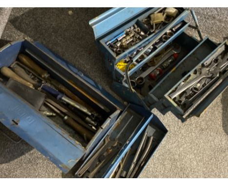 Two vintage cantilever metal tool boxes both containing a mixture of tools